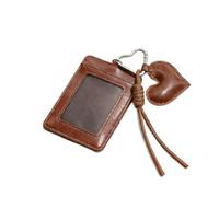 Tressify Badge Holder, PU Leather ID Card Holder with Heart Keychain and Tassel, Slim Wallet for ID Badges, Bus and Office Access Cards, Dark Brown Korean Style Travel Case for Daily Carry