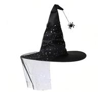 Tressify Black Witch Hat with Ruched Crown and Glittery Star Mesh Veil, Wizard Hat with Spider Pendant, Pointed Wide Brim, Classic Cosplay Accessory for Halloween, Masquerade and Party Theme Events