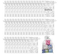 Tressify Drawstring White Organza Bag, 50 Pcs Snowflake Organza Bags, Silver Stamped Transparent Sacks, 11.8 X 7.9 Inches Mesh Treat Bag, Gift Bags, Party And Wedding Multipurpose Pouch