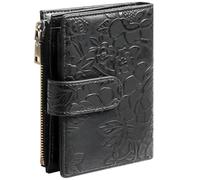 Tressify Embossed Black PU Leather Trifold Wallet for Women, RFID Blocking Short Purse with Card Slots, Coin Pocket, Buckle Closure, Metallic Zipper, Credit Card Holder