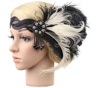 Tressify Headband Flapper 1920s, Feather Headpiece Black and White Vintage with Tassel Pearl, for 20s Roaring Party Adjustable Headband, Deco Art Women Accessories