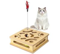 Tressify Interactive Cat Toy Box, Wooden Cat Puzzle Toy with 3 Bell Balls and 1 Teaser Feather, Maze Style Kitten Activity Center, Hunting Instinct Play for Indoor Kittens and Adult Cats