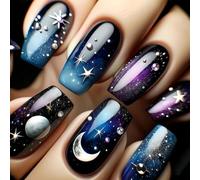 Tressora 24 Pcs Press on Nails Medium Sqaure Fake Nails Starlit Sky,Black False Nails with Artistic Embossed Designs Moon Stars Full Cover Stick on Nails Glue on Acrylic