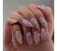 Tressora 24Pcs 3D Handmade Press on for Medium Pink Almond Fake Nails Acrylic Nails Press ons Reusable False Nails with Pearl Rhinestone Design Easy to Apply