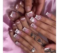 Tressora 48 Pieces Square Sticker Nails & Toenails Set, White with French Tips and Bow Design, Artificial Acrylic Nails, Shiny Sticker Toenails for Women, Summer Manicure