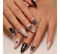 Tressora Black Press on Nails Medium Almond Fake Nails with 3D Alloy Bow Pearl Designs Black Gradient Full Cover Water Drops Silver Star Glossy Acrylic Nails for Women 24Pcs