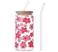 Tressora Cute Glass Coffee Mugs with Lids and Straws - Daisy Design Iced Coffee Cup, Aesthetic Tumbler for Women, Flower Drinking Glasses, Perfect Coffee Lover Gift for Women (Safflower Design)