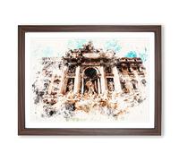 Trevi Fountain In Rome Vol.1 Watercolour Modern Framed Print | A2 Walnut Framed Wall Art | Ready to Hang | Modern Historical Picture | Living Room Bedroom Lounge Office