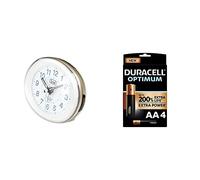 Trevi SL3052 - Compact Bedside Quartz Alarm Clock with LED Backlight - Silent Operation - Quiet no Ticking - Gold+Duracell NEW Optimum AA Alkaline Batteries [Pack of 4] 1.5 V LR6 MX1500