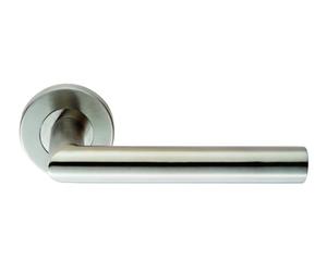 Treviri Mitred Round bar Lever on Sprung Rose with Angular Modern Profile and Smooth Return Action for Internal Residential and Commercial Doors (Satin Stainless Steel)