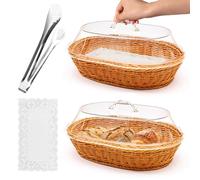 Trez Treamer Rattan Bread Baskets, 2 Pack, Oval Woven Baskets with Acrylic Lids, 15.75 x 11.81 inches, Stainless Steel Tongs, Lace Doilies, for Bread, Fruit, Food Display