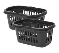 TRG 2 x Casa 60L Plastic Hipster Laundry And Washing Basket - Plastic Hipster Style Washing Linen Laundry Basket - 60cm x 39cm x 30.5cm (Midnight Black)