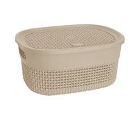 TRG ETC Small Storage Basket 4L - A Simple Woven-Style Plastic Organizer with Lid Designed to Keep Everyday Spaces Calm, Tidy and Beautiful in Bathroom, Kitchen, Bedroom or Office - (BEIGE)