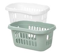 TRG Set of 2 Large 60L Laundry Baskets - Durable Plastic Washing Bins With Handles, Clothes Hampers For Bedding, Towels & Home Storage, Ideal For Utility Room & Bathroom (White & Silver Sage)