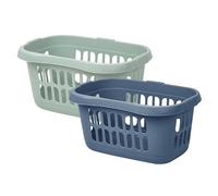 TRG Set of 2 Large 60L Laundry Baskets - Durable Plastic Washing Bins With Handles, Clothes Hampers For Bedding, Towels & Home Storage, Ideal For Utility Room & Bathroom (Silver Sage & Navy Blue)