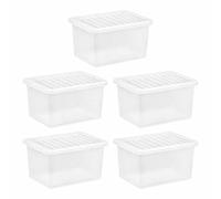TRG Set Of 5 X 25L Crystal Clear Plastic Storage Box With Snap Lock Lid -