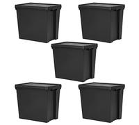 TRG SET OF 5 X Bam 92 Litre Black Eco Recycled Plastic Storage Box - Extra Strong, Airtight & Stackable Organizer with Clip Lid - Ideal for Home, Garage Tools, Shed & Outdoor Storage