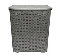 TRG Small Drop-All 45L Stylish Plastic Rattan Knit Design Laundry Basket with Lid | Spacious Corner Fit Wash Hamper Bin & Storage for Clothes in Bathroom, Bedroom or Laundry Room - (SILVER)