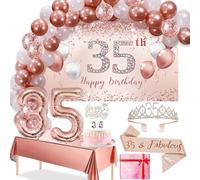 Trgowaul 35th Birthday Decorations Balloon Set Women Arch, Rose Gold 35th Birthday Banner and Party Tablecloth, Belt and Tiara, Pink Gold 35th Balloon, Pink Birthday Cake Top, Latex Balloon * 60