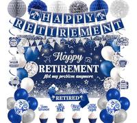 Trgowaul Retirement Party Decorations for Men Women, 32pcs Blue Silver Happy Retirement Party Supplies, Banner, Hanging Swirl, Balloons, Retired Cake Toppers, Sash, Retired Set