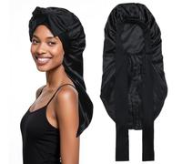 TRHDFW Silk Bonnet for Sleeping Long Hair & Braids Extensions Hair, Satin Long Bonnet for Women, Adjustable Silk Scarf Night Cap with Tie Band, Black