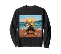 Tri Color Corgi Sploot on a Sunny Summer Beach Funny Artwork Sweatshirt