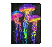 Tri-color Glowing Jellyfish Leather Passport and Vaccine Card Holder Combo Travel Passport Wallet Passport Cover with RFID Blocking for Men and Women Waterproof