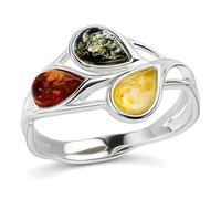 Tri-Colour Abstract Cluster Amber Sterling Silver Ring - Yellow, Green, Orange Amber Jewellery - 3-Stone Ring - Size L. 020386
