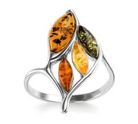 Tri-Colour Amber Vine Leaves Sterling Silver Ring - Yellow, Green, Orange Amber Jewellery - 4-Stone Ring - Size P