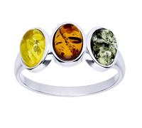 Tri-Colour Round 3-Stone Amber Sterling Silver Ring - Yellow, Green, Orange Amber Jewellery - Size Q
