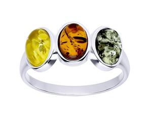 Tri-Colour Round 3-Stone Amber Sterling Silver Ring - Yellow, Green, Orange Amber Jewellery - Size R