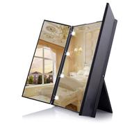 Tri-Fold Makeup Mirror Compact Pocket Travel Mirror with 8 LED Lights with Batteries - Black
