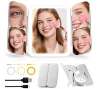 Tri-fold Vanity Mirror with Lights, 1X Full Face & 5X/10X/20X/30X Magnification Mirror with Lights, Rechargeable 3-Color Light Makeup Magnifying Mirror with Foldable Stand - for Travel, Desk, Home Use