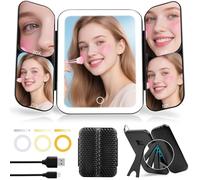 Tri-fold Vanity Mirror with Lights, 1X Full Face & 5X/10X/20X/30X Magnification Mirror with Lights, Rechargeable 3-Color Light Makeup Magnifying Mirror with Foldable Stand - for Travel, Desk, Home Use