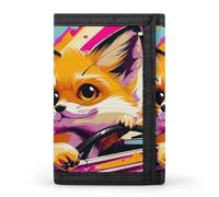 Tri-Fold Wallet with 8 Card Slots & Key Ring, Durable Polyester Money Clip Compact Little Fox in The Car Wallet for Men & Women