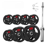 Tri Grip Weight Plates Cast Iron Rubber Coated Weights Sets & Pairs (1.25kg-25kg) for Home Gym Strength Training, Weight Lifting & Muscle Building for Men & Women (With 7ft Barbell, 75kg Set)