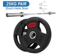 Tri Grip Weight Plates Cast Iron Rubber Coated Weights Sets & Pairs (1.25kg-25kg) for Home Gym Strength Training, Weight Lifting & Muscle Building for Men & Women (With 6ft Barbell, 25kg Pair)