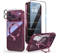 [Tri-Shield Protection] for iPhone 18 Pro Case with 360° Spin Stand Compatible with MagSafe [Magnetic CD Ring] [Screen & Camera Lens Protector] Shockproof Plating Never-Yellowing, Burgundy-6.3"