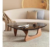Triangle Coffee Table, Mid-Century Modern Glass Top, Abstract Design with Wooden Base, Retro Oval Style for Living Room and Home Office, Natural Finish