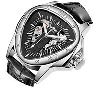 Triangle Golden Skeleton Watch for Men Mechanical Automatic Wristwatch Sport Silver Stainless Steel Mens Watches, W996-Silver Black, Mechanical,Automatic Watch