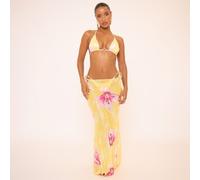 Triangle O Ring Detail Bikini And Maxi Skirt 3 Piece Set In Yellow Metallic Floral, Women's Size UK Extra Small XS