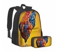 Triangular Cock Backpack Polygon Animal Bird Chinese Chicken Farm Zodiac Yellow School Bookbag with Pencil Case
