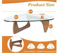 Triangular Glass Coffee Table with Irregular Wood Base - Modern Mid-Century Accent Table for Living Room, Clear-Walnut Finish, 36" L x 25" W x 16" H