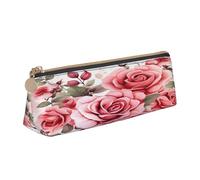 Triangular Pen Organizer for School Office Travel, Blossoming Rose Flowers Leather Pencil Case, waterproof pen bag PVC Writing Accessories Holder, Compact Zippered Cosmetic & Art Supplies Pouch