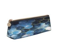 Triangular Pen Organizer for School Office Travel, Blue Hexagons and Diamonds Leather Pencil Case, waterproof pen bag PVC Writing Accessories Holder, Compact Zippered Cosmetic & Art Supplies Pouch
