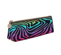 Triangular Pen Organizer for School Office Travel, Colorful Rainbow Zebra Leather Pencil Case, waterproof pen bag PVC Writing Accessories Holder, Compact Zippered Cosmetic & Art Supplies Pouch