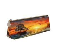 Triangular Pen Organizer for School Office Travel, pirate ship in the sunset Leather Pencil Case, waterproof pen bag PVC Writing Accessories Holder, Compact Zippered Cosmetic & Art Supplies Pouch