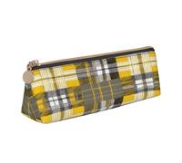 Triangular Pen Organizer for School Office Travel, Yellow Gray Black Plaid Leather Pencil Case, Waterproof Pen Bag PVC Writing Accessories Holder, Compact Zippered Cosmetic & Art Supplies Pouch