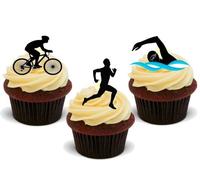 Triathlon Sports Trio Mix - 12 Edible Stand Up Premium Wafer Card Cake Toppers Decorations