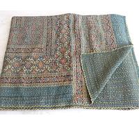 Tribal Asian Textiles green Color Ajrakh Print Indian Kantha Quilt Throw Bedspread, Reversible kantha, Kantha Beds